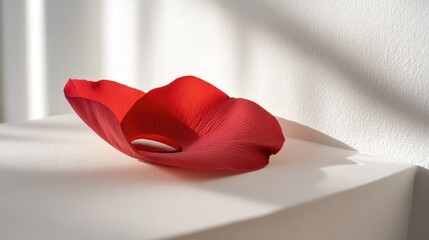 Poster - Elegant Red Flower Petal Sculpture Resting on a Minimalist Surface with Soft Light and Subtle Shadows Creating an Artistic Atmosphere