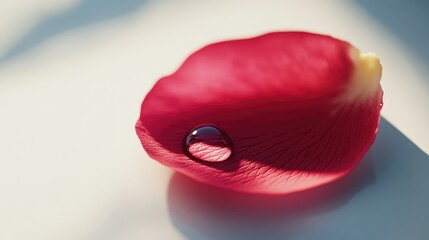 Poster - Close-up of a Single Red Rose Petal with a Water Droplet Glimmering in Soft Light, Highlighting the Beauty of Nature's Delicate Details and Textures