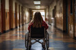 © iri.madrid.art - Inclusive education for children with disabilities in school hallway setting. Lonely girl in a wheelchair in the school. Back view. Disability Rights, Inclusivity concept. World Disability day