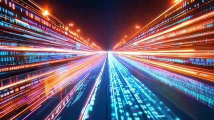 Abstract digital highway with glowing binary code lines