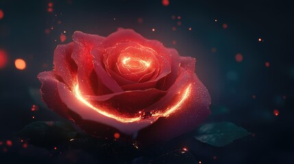 Poster - Enchanting glowing rose illuminated by twinkling particles and ethereal light, showcasing radiant colors and magical ambiance in a mystical setting