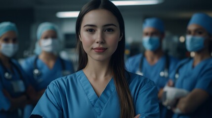 Aufkleber - A woman in a blue scrubs stands with her arms crossed and a smile on her face