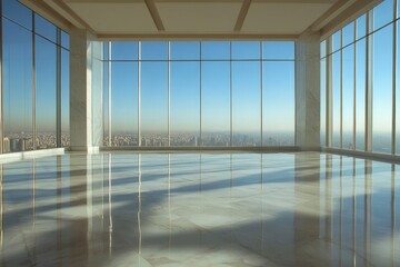 Wall Mural - Empty marble floors and city views under the blue sky generative ai