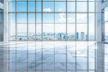 Wall Mural - Empty marble floors and city views under the blue sky generative ai