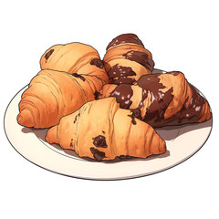 Poster - plate of freshly baked croissants and chocolate croissants, showcasing delicious assortment of pastries perfect for breakfast or snack. flaky texture and golden brown color are inviting