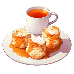 Aufkleber - Three golden scones drizzled with honey sit on white plate beside steaming cup of tea, creating warm and inviting scene perfect for cozy breakfast or afternoon tea