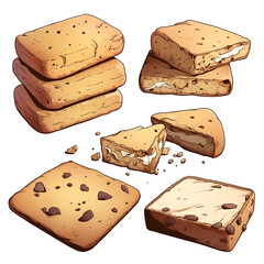 Poster - Assorted shortbread cookies with chocolate chips and nuts on white background. cookies are arranged in stacks and pieces, showcasing their crumbly texture and delicious appearance