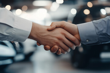 Poster - Two men shake hands in a business setting. The man on the left is wearing a blue shirt and the man on the right is wearing a blue suit
