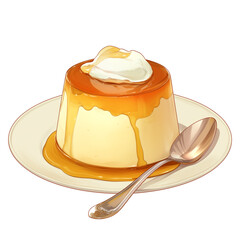 Poster - Creamy vanilla pudding topped with caramel sauce and whipped cream on white plate, accompanied by spoon, creating delightful dessert presentation