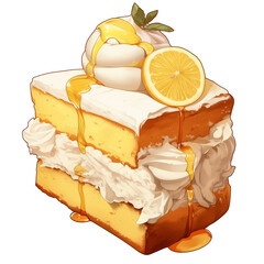 Aufkleber - slice of angel food cake topped with whipped cream, lemon slice, and honey drizzle, isolated on white background. cake appears fluffy and delicious, perfect for dessert lovers