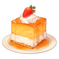 Poster - delicious slice of angel food cake topped with whipped cream and fresh strawberry, drizzled with golden syrup, sits on white plate, creating tempting dessert display