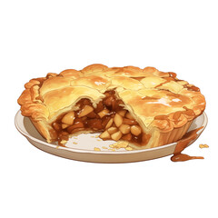 Poster - delicious apple pie with golden crust is sliced open, revealing rich, spiced apple filling. pie sits on white plate, with few crumbs scattered around, evoking sense of warmth and comfort