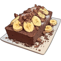 Poster - Rich chocolate banana bread topped with fresh banana slices and chocolate chunks on white plate, creating delicious and inviting dessert