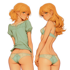 Poster - Two anime style characters with blonde hair are depicted in light blue lingerie, standing back to back against white background. illustration highlights their detailed expressions and poses