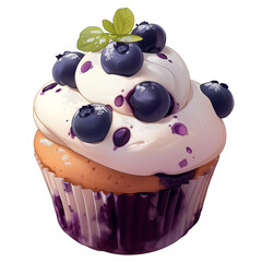 Poster - Blueberry muffin with creamy frosting and fresh blueberries on top, isolated on white background, showcasing delicious and tempting dessert