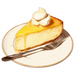 Poster - slice of creamy cheesecake topped with dollop of whipped cream sits on white plate with fork, showcasing its rich texture and inviting appearance