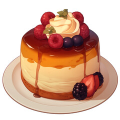 Poster - delicious chiffon cake topped with fresh berries and cream, isolated on white background. cake layers and vibrant fruit create inviting and appetizing appearance