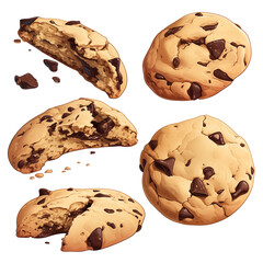 Poster - Delicious chocolate chip cookies with golden brown texture, some whole and others broken, showcasing gooey chocolate chunks. Perfect for sweet treat or snack