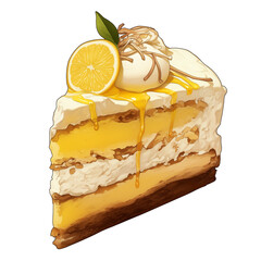 Poster - slice of coconut cake with lemon topping and cream, isolated on white. cake features layers of moist sponge, creamy filling, and drizzle of lemon sauce, garnished with coconut flakes