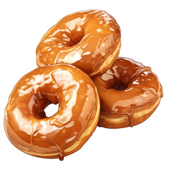 Poster - Three glossy caramel glazed donuts stacked on white background, showcasing their shiny, sweet coating and soft texture. Perfect for dessert lovers and pastry enthusiasts