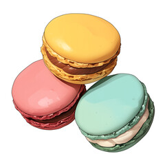 Aufkleber - Colorful macarons isolated on white background, showcasing pink, yellow, and blue varieties. These sweet, delicate French pastries are perfect for dessert lovers and add touch of elegance
