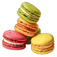Aufkleber - Colorful macarons stacked in playful arrangement, showcasing vibrant green, yellow, orange, and pink hues. sweet treats are isolated on white background, highlighting their delicate texture