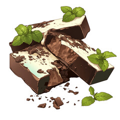 Poster - Mint chocolate bars with fresh mint leaves on white background, showcasing delicious and refreshing treat. combination of rich chocolate and cool mint creates delightful contrast