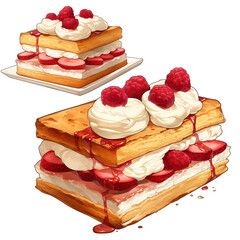 Poster - Delicious mille feuille with layers of puff pastry, cream, strawberries, and raspberries, isolated on white background. dessert looks fresh and inviting, perfect for sweet treat