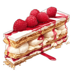 Poster - delicious slice of mille feuille with layers of flaky pastry, creamy filling, and fresh raspberries on top, drizzled with raspberry sauce, isolated on white background