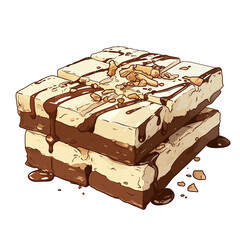 Poster - Creamy nougat squares drizzled with rich chocolate and sprinkled with nuts, isolated on white background, showcasing delicious and indulgent treat