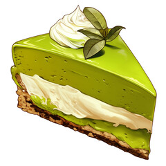 Poster - slice of vibrant green pandan cake with creamy layers and decorative leaf on top, isolated on white background. cake texture looks smooth and inviting