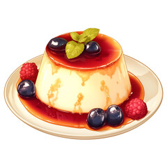 Poster - Creamy panna cotta topped with fresh berries and mint on white plate. dessert is drizzled with rich caramel sauce, creating delightful and elegant presentation
