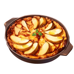 Poster - delicious pear clafoutis in brown baking dish, garnished with fresh herbs, isolated on white background. golden brown dessert looks inviting and ready to serve
