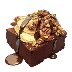 Poster - delicious pecan brownie topped with vanilla ice cream and drizzled with chocolate sauce, creating mouthwatering dessert. rich flavors and textures make it irresistible treat