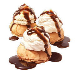 Aufkleber - Three profiteroles topped with whipped cream and chocolate sauce on white background. dessert looks indulgent and delicious, perfect for sweet treat