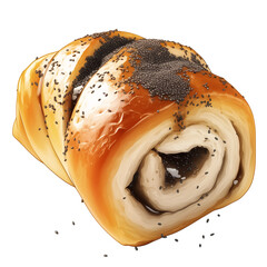 Aufkleber - delicious poppy seed roll with golden brown crust and sprinkled poppy seeds, isolated on white background, showcasing its spiral shape and glossy texture
