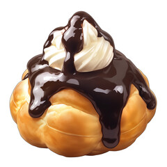 Aufkleber - delicious profiterole topped with rich chocolate sauce and whipped cream, isolated on white background, showcasing its tempting and indulgent appearance