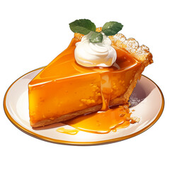 Poster - delicious slice of pumpkin pie topped with whipped cream and mint leaves on white plate, showcasing rich, golden filling and flaky crust. Perfect for autumn celebrations