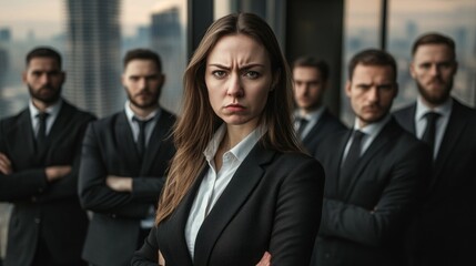 Poster - A woman in a suit is standing with her arms crossed and looking away