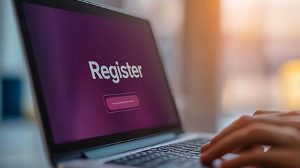 Poster - A close-up of a laptop screen displaying a registration form, highlighting the digital connection and online services.