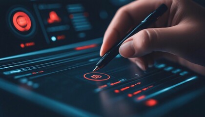 Poster - A close-up of a hand using a stylus on a high-tech device, showcasing digital interaction with vibrant interface.