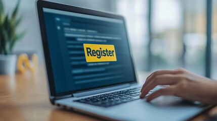 Poster - A close-up of a hand using a laptop displaying a registration form on the screen.