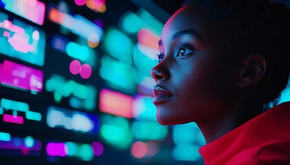 Poster - A focused woman immersed in vibrant digital data, showcasing innovation and technology in a modern environment.