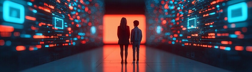 Poster - A futuristic scene showing two individuals in a tech-savvy environment filled with vibrant digital visuals.