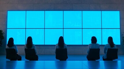 Poster - A group of professionals analyzing data on a large screen in a modern office setting, showcasing teamwork and technology.