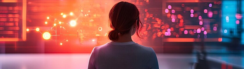 Poster - A person engaged with digital technology, immersed in vibrant data visuals and futuristic interfaces.