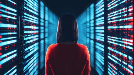 Poster - A person stands before a vast array of glowing data, representing the intersection of technology and human experience.