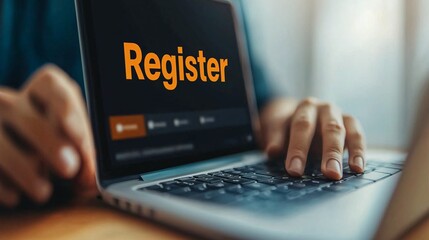 Poster - A person using a laptop to register for an online service, showcasing modern technology and digital interaction.