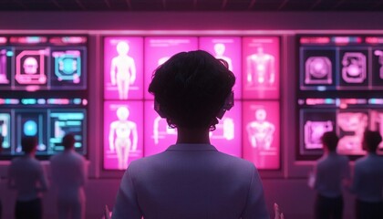 Poster - A scientist analyzes data in a futuristic laboratory filled with colorful displays and advanced technology.