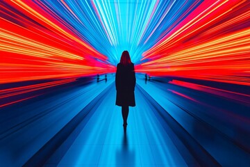 Poster - A silhouette of a person surrounded by vibrant streaks of blue and red light, representing movement and energy.